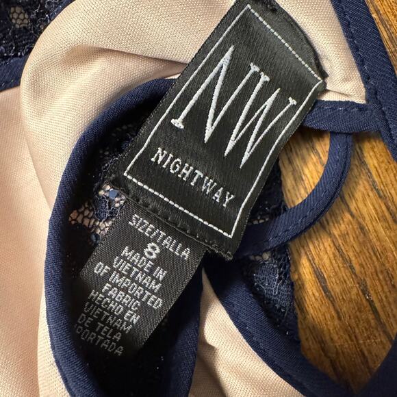 Nightway Navy Blue Lace Cocktail Dress Size 8 Sleeveless Sequin Halter Bodycon - Picture 3 of 13